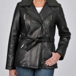 Womens Black Belted Shearling Collar Jacket